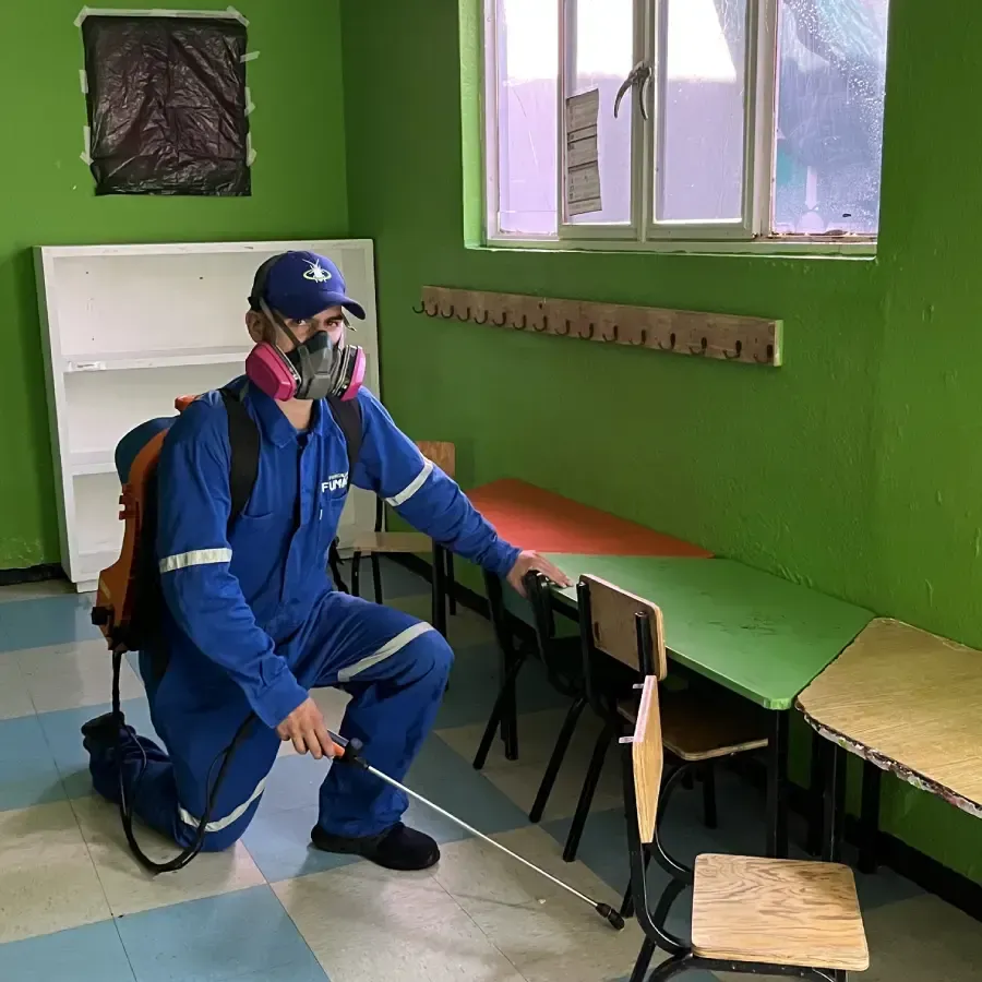 Técnico de Fumicin aplicando tratamiento contra hormigas en el interior de un inmueble