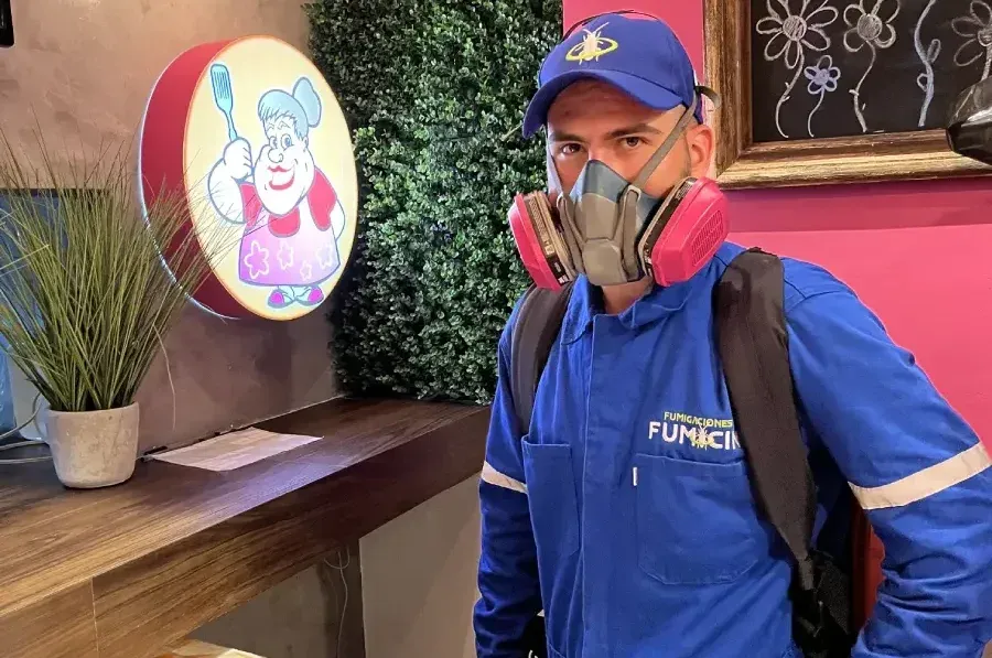 Técnico de Fumicin con equipo de nebulización contra moscas y zancudos