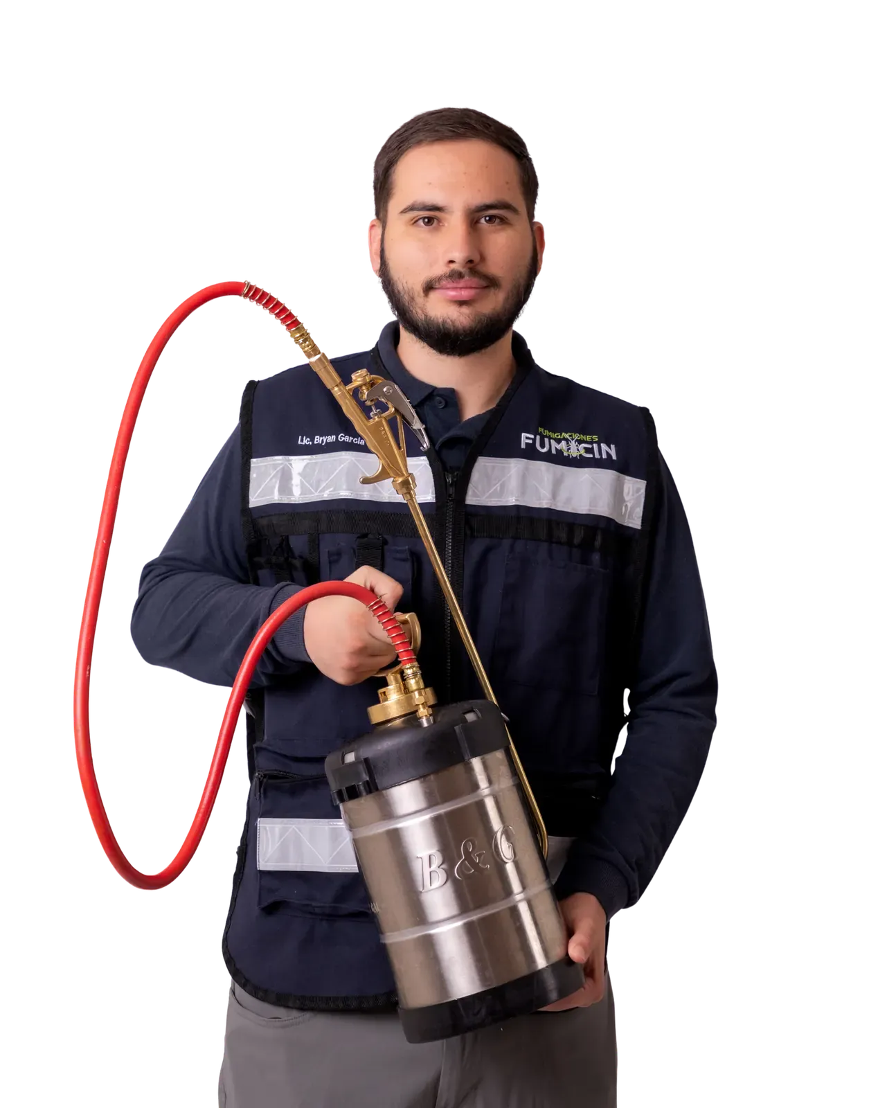 Técnico uniformado de Fumicin con su equipo, listo para un servicio a domicilio